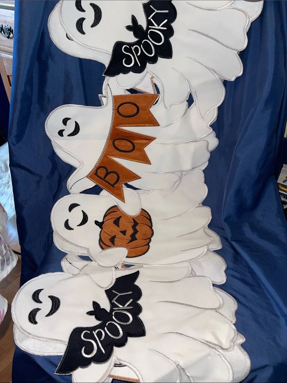 Envogue White Ghost Halloween Table Runner with Orange Pumpkin Accents